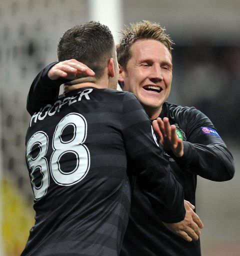 Celtic's Kris Commons (R) and Gary Hooper during their Champions League match against Spartak Moskva